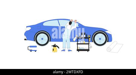 Professional wrap film installers Vehicle wrapping car detailing in studio. Repair auto. Vector illustration in flat with outline. Stock Vector