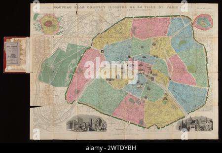 Nouveau plan complet illustré de la ville de Paris en 1876, divisé en 20 arrondissements / dressé par A. Vuillemin ; gravé par Ch. Dyonnet, 1876. Vuillemin, A. (Alexandre), 1812-, cartographer. [1876] Not in Vallée, who lists 11 editions between 1864 and 1892 (L. Vallée, Catalogue des plans de Paris, 3161-1371). Inset maps of Paris area at upper left (scale 1:300,000), 'Agrandissements de Paris' at upper right. Two vignettes at bottom margin depict assemblages of various monuments and buildings. Ruled in 267 squares for a separate street index, not included with present copy. Arrondissements, Stock Photo