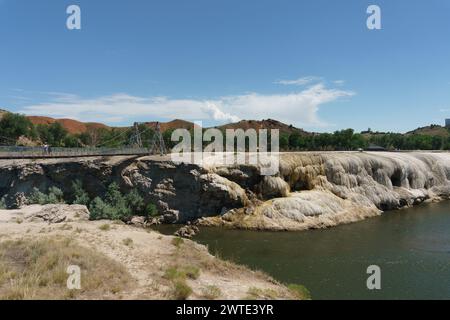 Thermopolis Wyoming Hot Springs, Worlds largest mineral hot springs, tufa deposits, hot spring deposits, mineral deposits Stock Photo