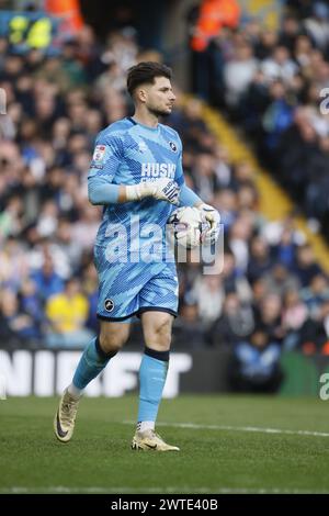 Millwall goalkeeper Matija Sarkic during the Sky Bet Championship match at Elland Road, Leeds. Picture date: Sunday March 17, 2024. Stock Photo