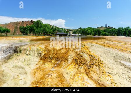 Thermopolis Wyoming Hot Springs, Worlds largest mineral hot springs, tufa deposits, hot spring deposits, mineral deposits Stock Photo