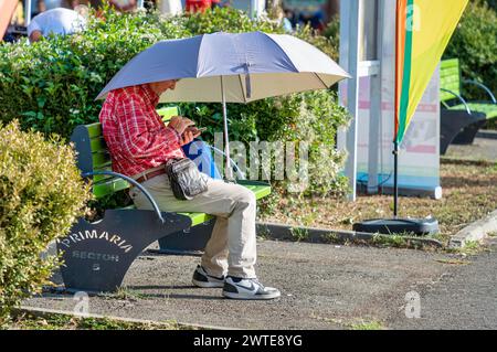 Bucharest, Romania - 09.23.2023: Man sitting on a bench holding an umbrella for the sun and browsing on his smartphone. Stock Photo