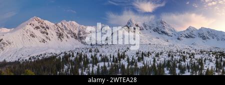 Snowy winter panorama from Hala Gasienicowa with majestic Koscielec Mountain and blue sunny sky in Gasienicowa Valley, Tatra Mountains Stock Photo