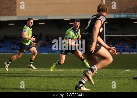 London, UK. 17th Mar, 2024. Stefan Ratchford of Warrington Wolves scores a try to make the score 4-56 during the Super League match between London Broncos and Warrington Wolves at Plough Lane, London, England on 17 March 2024. Photo by Ken Sparks. Editorial use only, license required for commercial use. No use in betting, games or a single club/league/player publications. Credit: UK Sports Pics Ltd/Alamy Live News Stock Photo