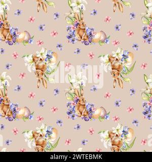 Easter rabbit, eggs and flowers seamless pattern isolated on neutral. Watercolor hare and blue, pink flowers hand drawn. Print of white lily hand pain Stock Photo