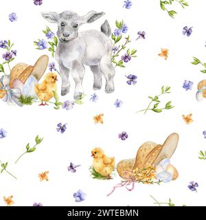 Watercolor floral seamless pattern with Easter lamb and eggs isolated on white. Spring blue, yellow flowers with baby animals hand drawn for Easter pr Stock Photo