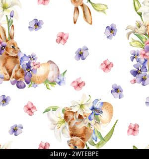 Easter rabbit, eggs and flowers seamless pattern isolated on white. Watercolor hare and blue, pink flowers hand drawn. Print of white lily hand painte Stock Photo