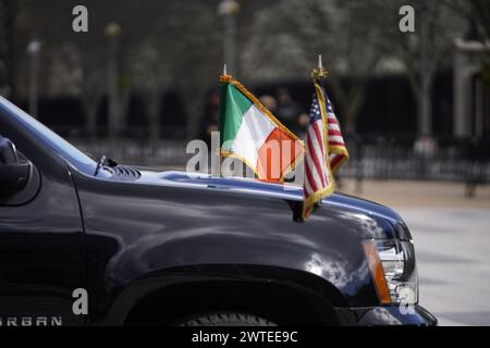 Flags on Taoiseach Leo Varadkar motorcade in Washington DC, during his visit to the US for St Patrick's Day. Picture date: Sunday March 17, 2024. Stock Photo