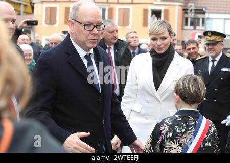 Dannemarie, France. 17th Mar, 2024. © PHOTOPQR/L'ALSACE/Vincent VOEGTLIN ; Dannemarie ; 17/03/2024 ; Le Prince Albert II de Monaco et sa femme Charlène Wittstock salue les habitants de Dannemarie à son arrivée, le 17 mars 2024. - Prince Albert II of Monaco and Princess Charlene of Monaco made an official visit to Thann March 17, 2024 Credit: MAXPPP/Alamy Live News Stock Photo