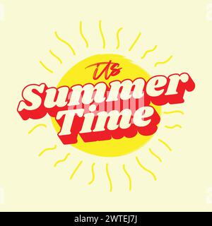 Summer vacation lettering logo with sun vector illustration. Summer label, tag, logo, hand drawn lettering for summer holiday, travel, beach vacation. Stock Vector