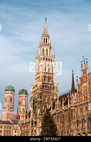 The Rathaus-Glockenspiel in Munich is a tourist attraction clock in Marienplatz, the heart of Munich, Germany. Stock Photo