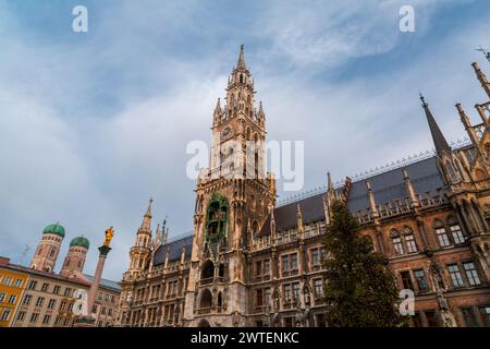 The Rathaus-Glockenspiel in Munich is a tourist attraction clock in Marienplatz, the heart of Munich, Germany. Stock Photo