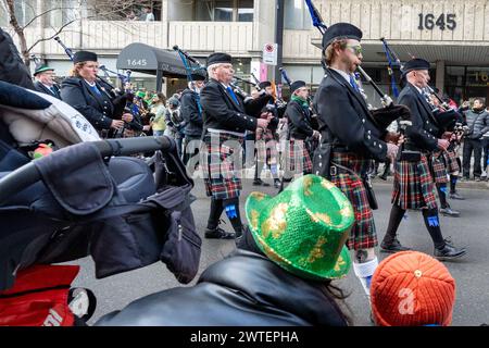 Montreal, Canada, 17, March, 2024.  Thousands of people gather for St.Patrick’s Day parade on Sunday, March 17 in downtown Montreal, Canada. Credit: François Robert-Durand/Alamy Live News Stock Photo