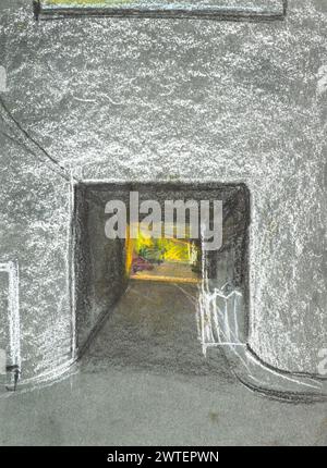 passage through arch in house and illumination of shop window on street behind house drawn by hand with dry pastels on gray textured paper. Yerevan, A Stock Photo