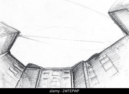 bottom view of high-rise apartment buildings drawn by hand in graphite pencil on white paper. Moscow, Russia Stock Photo