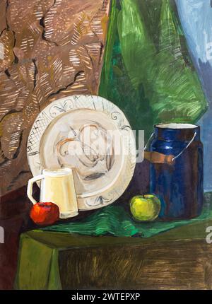 educational painting - still life with plate and watering can on draped table and wall drawn by hand with color tempera paints on paper Stock Photo
