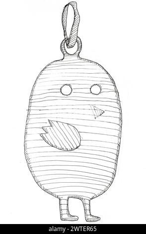 sketch of pendant in shape of chick drawn by hand in black ink on white paper Stock Photo