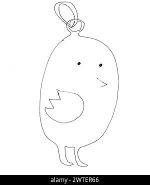 sketch of pendant in shape of egg or chick drawn by hand in black ink on white paper Stock Photo