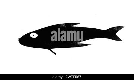 Silhouette of sea fish drawn by hand with stamp with black tempera paint on white paper Stock Photo