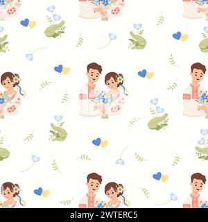 seamless pattern. Cute Ukrainian people. Cute couple man and woman in traditional national embroidered clothes on white background with flowers and ye Stock Vector