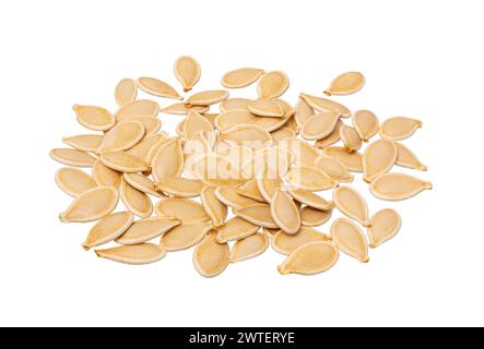 Fresh, raw pumpkin seeds isolated on white background. Stock Photo