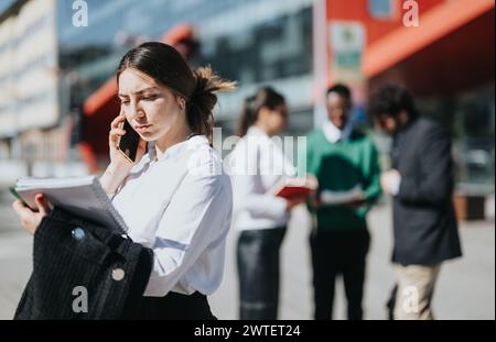 Diverse businesspeople discussing projects outdoors in a city setting on a sunny day Stock Photo