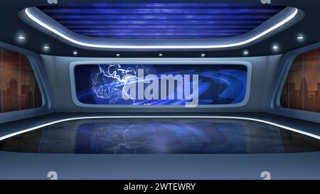 News TV studio set, virtual background. Ideal also for online broadcast, live streaming or business events. Modern 3D rendering backdrop suitable on V Stock Photo
