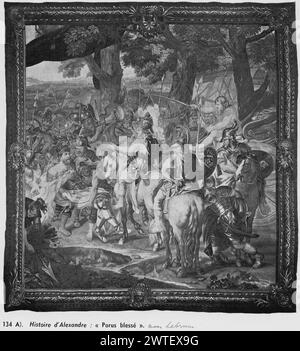 Clemency of Alexander. Le Brun, Charles (French, 1619-1690) (designed after) [painter] c. 1700-1750 Tapestry Dimensions: H 3.50 x W 4.12 m Tapestry Materials/Techniques: unknown Culture: Flemish Weaving Center: unknown Defeated King Porus, covered with wounds, comes before Alexander, who restores his dominions (BRD) abstracted floral & palmette-shell motif, palmette shells with female faces in every corner & in center of each side Related Works: Panels in set: GCPA 0241863-0241864, 0184392 Stock Photo