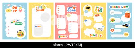 Trendy planner pages. Notebook stickers and organizer labels. Cute Scandinavian elements. Schedule funny kids decor. Checklist reminders. Daily journa Stock Vector