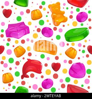 Jelly candies seamless pattern. Fruit gummy sweets. Color marmalade molds. Baby chewing vitamins. Different fruit tastes. Delicious gelatin dessert. Y Stock Vector