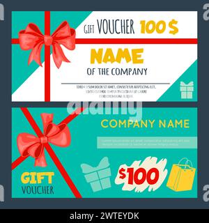 Gift vouchers templates. Holidays cards with red ribbon bows. Present certificate or discount flyers. Promo tickets. Coupons design. Business promotio Stock Vector
