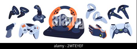 Game console joysticks. Electronic video controllers. Playing devices. Digital interactive entertainment. Gamers gadgets. Steering wheel. Cybersport g Stock Vector