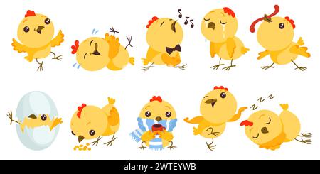 Cute cartoon baby chicken. Funny little birds. Easter character. Chick hatched from egg. Yellow mascot with different emotions. Sleeping or playing bi Stock Vector