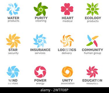 Circle pinwheels logos. Simple minimalist business signs. Round icon templates with text. Propellers shapes. Spinning blades. Delivery service. Cleani Stock Vector