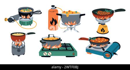 Cartoon food on camping stoves. Field kitchen elements. Soup cooking outdoors. Hiking and picnics. Propane portable burners. Gas cylinder. Travel cook Stock Vector