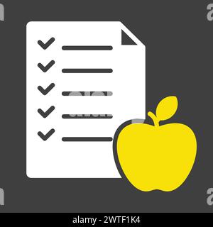 Diet list with apple vector solid icon on dark background. Graph symbol for fitness and weight loss web site and apps design, logo, app, UI Stock Vector