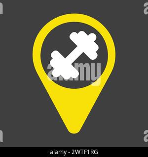 Gym pin map vector solid icon on dark background. Map pointer. Map markers. GPS location. Navigation sign. Graph symbol for fitness and weight loss we Stock Vector