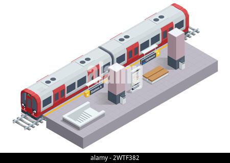 Isometric subway station platform. Included underground train, station and route cross section, bridge. Subway station, railway rapid transit system Stock Vector