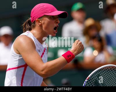 March 17, 2024 Iga Swiatek of Poland celebrates after winning a point against Maria Sakkari of Greece in the Women's Final during the BNP Paribas Open at Indian Wells Tennis Garden in Indian Wells, CA. Charles Baus/CSM Stock Photo