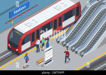 Isometric subway station platform. High speed train. Included underground train, station and route cross section, bridge. Subway station, railway Stock Vector