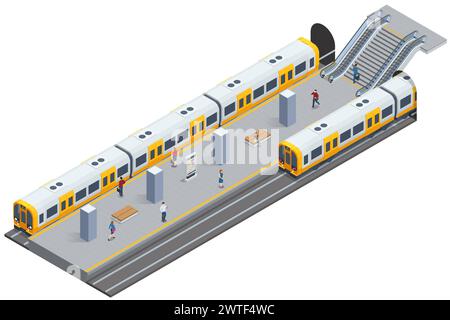 Isometric subway station platform. High speed train. Included underground train, station and route cross section, bridge. Subway station, railway Stock Vector