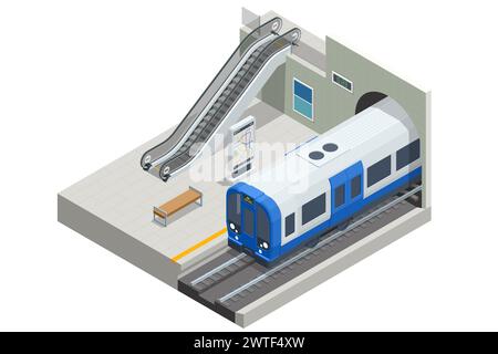 Isometric subway station platform. High speed train. Included underground train, station and route cross section, bridge. Subway station, railway Stock Vector