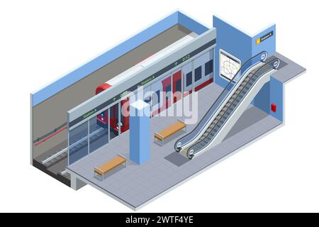 Isometric subway station platform. High speed train. Included underground train, station and route cross section, bridge. Subway station, railway Stock Vector