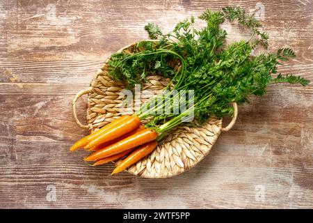 Fresh organic farmer carrots bunch with green tops in a basket on wooden rustic kitchen table, top down view Stock Photo