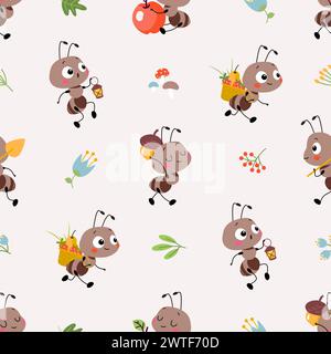 Cartoon ant seamless pattern. Funny ants moving with food, cute forest insects working. Decorative childish fabric print, nowaday vector background Stock Vector