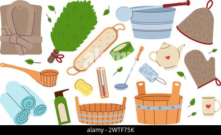 Sauna relax collection. Accessories for hygiene. Wooden bath tubes and bucket, thermometer and tea set. Cozy robe and towels stack, decent vector set Stock Vector