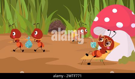Cartoon ants working. Forest ant activity, moving and working or relaxing. Wildlife childish book or banner illustration with funny nowaday vector Stock Vector
