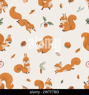 Squirrel seamless pattern. Cute forest squirrels, cartoon funny wild characters. Vintage style childish fabric print, nowaday vector background Stock Vector