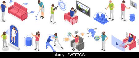 Isometric virtual reality simulators. People using vr glasses playing, shooting, studying. Modern digital technologies, flawless vector scenes Stock Vector