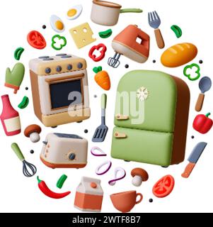 Kitchen concept. 3d appliances, food and tools. Realistic fridge and stove. Mushroom, vegetables, eggs and cheese slice. Pithy vector cooking elements Stock Vector